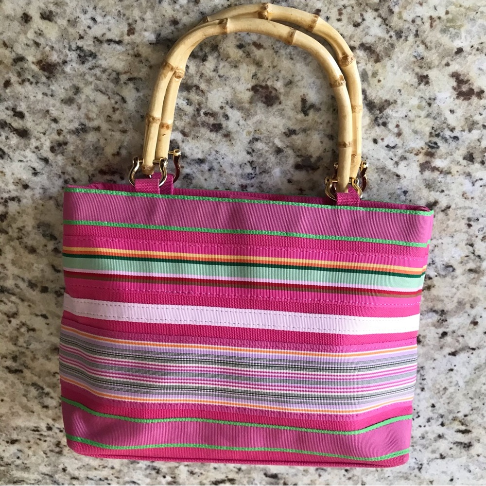 NWOT Tianni Striped Beach Canvas Purse Bag Bamboo Handles Gold Toned Hardware - Picture 2 of 10